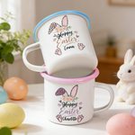 Henkilökohtainen Leopard Print Flower Bunny 12 oz emali muki nimi päivittäiseen käyttöön Happy Easter lahja pojille tytöille