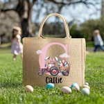 Personalized Bunny Ear Tractor Easter Egg Large Jute Tote Bag with Name and Initial Easter Party Gift for Boys Girls