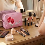 Personalized Multicolor Birth Flower Striped Makeup Bag with Name Daily Travel Essential Birthday Gift for Women