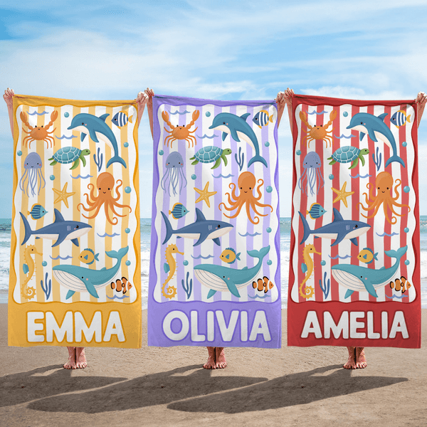 Personalized Ocean Creature Sea Turtle Oversized Quick Dry Beach Towel with Name Beach Accessories Birthday Gift for Friends Family