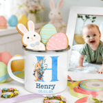 Personalised Cartoon Rabbit Initial 12 oz Coloured Rim Enamel Mug with Name and Date Easter Party Gift for Boys Girls