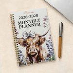 Personalised Watercolor Highland Cow Name 2026-2028 Spiral Planner Notebook with Monthly Planner Pages Birthday New Year Gift for Family Friends
