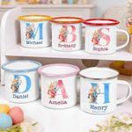 Personalised Cartoon Rabbit Initial 12 oz Coloured Rim Enamel Mug with Name and Date Easter Party Gift for Boys Girls