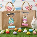 Gepersonaliseerde Gelukkige Pasen Zonnebril Bunny Grote Jute Draagtas met Naam Paasfeest Cadeau voor Kinderen