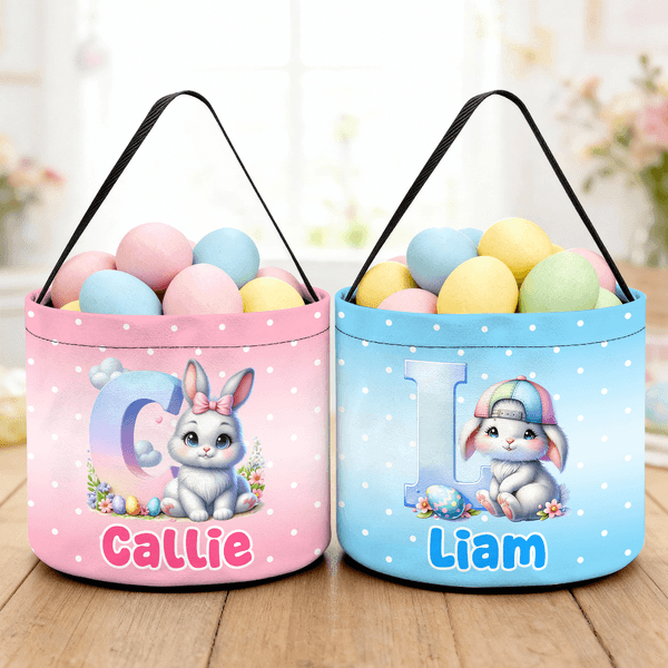 Personalized Cute Rabbit Polka Dot Easter Basket with Name and Initial Daily Use Easter Gift for Boys Girls