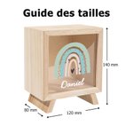 Tirelire en bois clair personnalisée avec motif arc-en-ciel et nom - Décoration de chambre - Cadeau anniversaire baby shower pour enfants