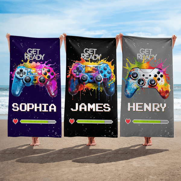 Personalized Multicolor Graffiti Gamepad Soft Quick Dry Beach Towel with Name Travel Essential Summer Vacation Birthday Gift for Game Lovers