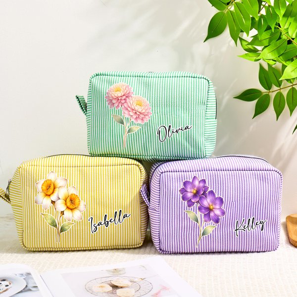 Personalized Multicolor Birth Flower Striped Makeup Bag with Name Daily Travel Essential Birthday Gift for Women