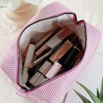 Personalized Multicolor Birth Flower Striped Makeup Bag with Name Daily Travel Essential Birthday Gift for Women