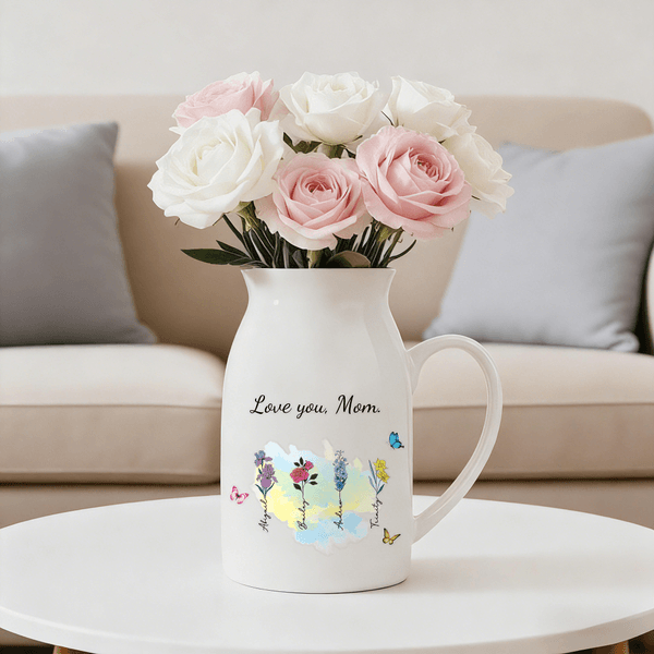 Fiori di nascita personalizzati 1-10 Vaso in ceramica con manico Titolo e nomi Compleanno Regalo per la festa della mamma e della nonna Famiglia