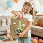 Personalized Bunny Ear Tractor Easter Egg Large Jute Tote Bag with Name and Initial Easter Party Gift for Boys Girls