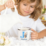 Personalised Cartoon Rabbit Initial 12 oz Coloured Rim Enamel Mug with Name and Date Easter Party Gift for Boys Girls