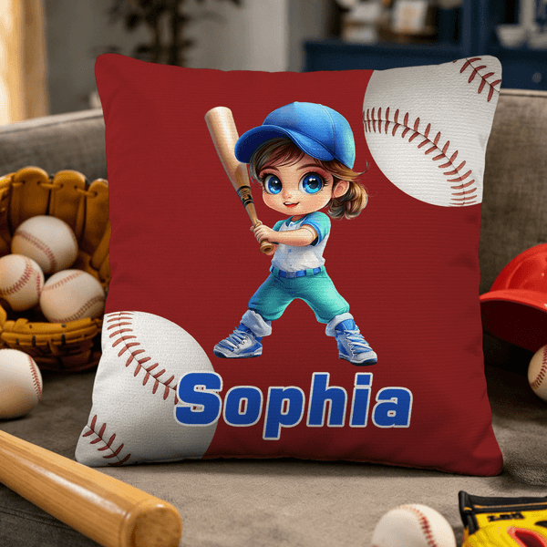 Personalized Cartoon Baseball Character Throw Pillow Cover with Name Home Decor Birthday Children's Day Game Day Gift for Kids Baseball Lovers