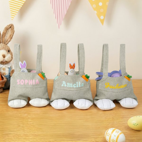 Personalized Cute Easter Bunny Overalls Tote Bag with Name Happy Easter Egg Hunting Gift for Kids