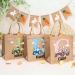 Personalized Bunny Ear Tractor Easter Egg Large Jute Tote Bag with Name and Initial Easter Party Gift for Boys Girls