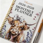 Personalised Watercolor Highland Cow Name 2026-2028 Spiral Planner Notebook with Monthly Planner Pages Birthday New Year Gift for Family Friends