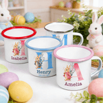 Personalised Cartoon Rabbit Initial 12 oz Coloured Rim Enamel Mug with Name and Date Easter Party Gift for Boys Girls