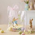 Personalized Easter Rabbit Transparent Gift Bag with Name and Pink Bow Ribbon Easter Party Favors for Family Kids