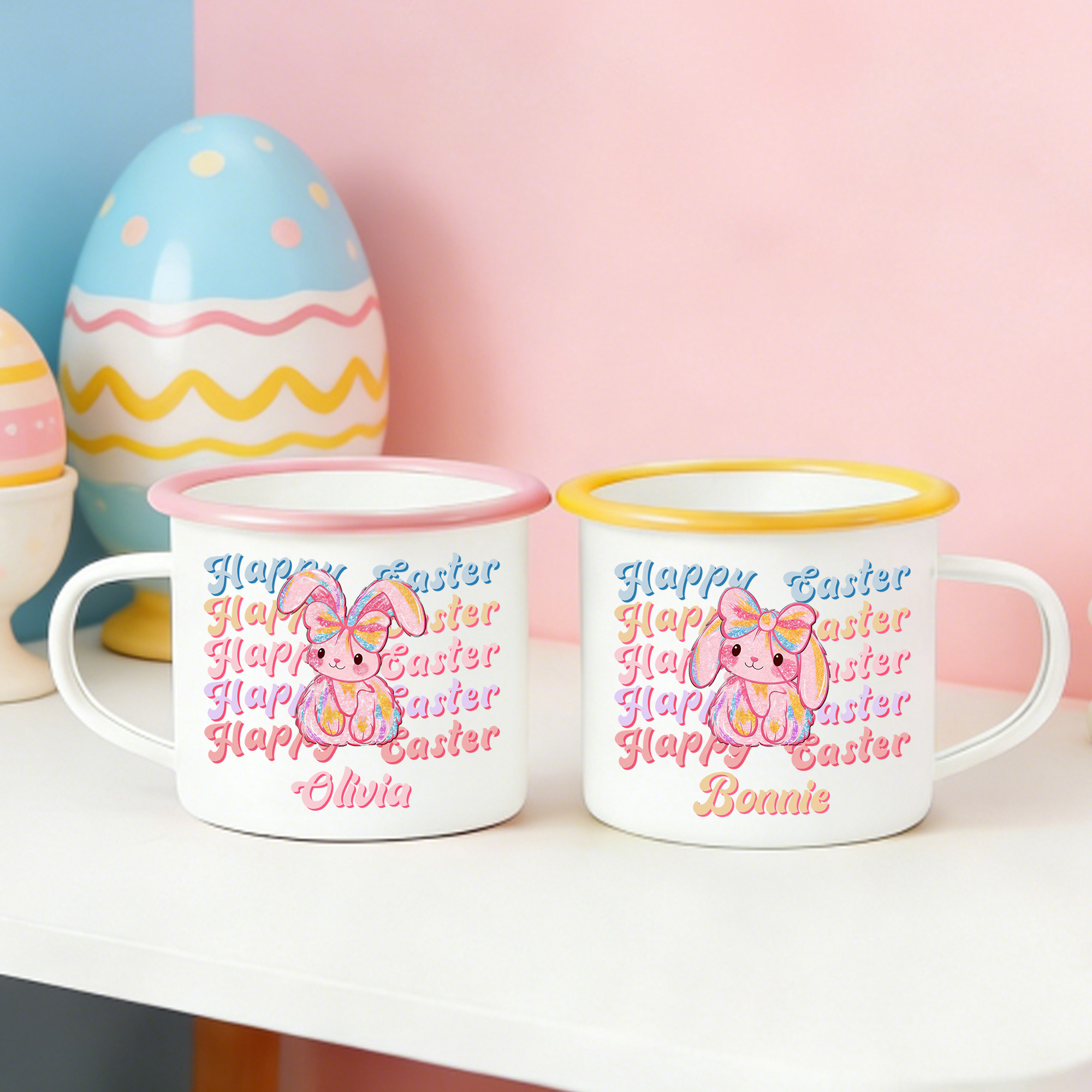 Tazza smaltata personalizzata Happy Easter Sequin Y2K Bunny da 12 once con nome Regalo di Pasqua per bambini per uso quotidiano