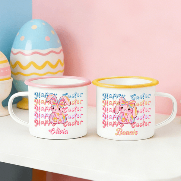 Personalized Happy Easter Sequin Y2K Bunny 12 oz Enamel Mug with Name Daily Use Easter Gift for Kids