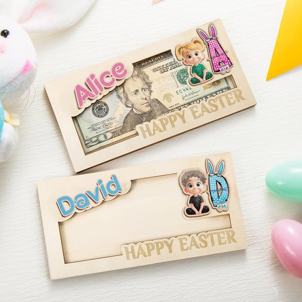 Personalized Cartoon Character  Wooden Money Holder with Name and Initial Holiday Party Favors Easter Gift for Kids