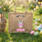Gepersonaliseerde Gelukkige Pasen Zonnebril Bunny Grote Jute Draagtas met Naam Paasfeest Cadeau voor Kinderen