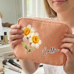Personalized Multicolor Birth Flower Striped Makeup Bag with Name Daily Travel Essential Birthday Gift for Women