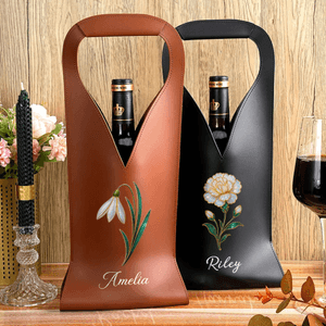 Personalised Mother of Pearl Effect Birth Flower PU Leather Wine Bag with Name and Handle Protective Wine Accessories Dinner Party Gift for Wine Lover