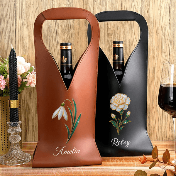 Personalized Mother of Pearl Effect Birth Flower PU Leather Wine Bag with Name and Handle Protective Wine Accessories Dinner Party Gift for Wine Lover