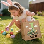 Personalized Bunny Ear Tractor Easter Egg Large Jute Tote Bag with Name and Initial Easter Party Gift for Boys Girls