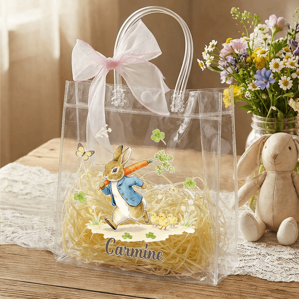 Personalized Easter Rabbit Transparent Gift Bag with Name and Pink Bow Ribbon Easter Party Favors for Family Kids