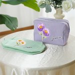 Personalized Multicolor Birth Flower Striped Makeup Bag with Name Daily Travel Essential Birthday Gift for Women