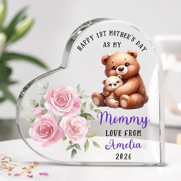Personalised Happy 1st Mother's Day Cute Animal Heart-shape Acrylic Plaque with Name Desk Decor Mother's Day Birthday Gift for Mom