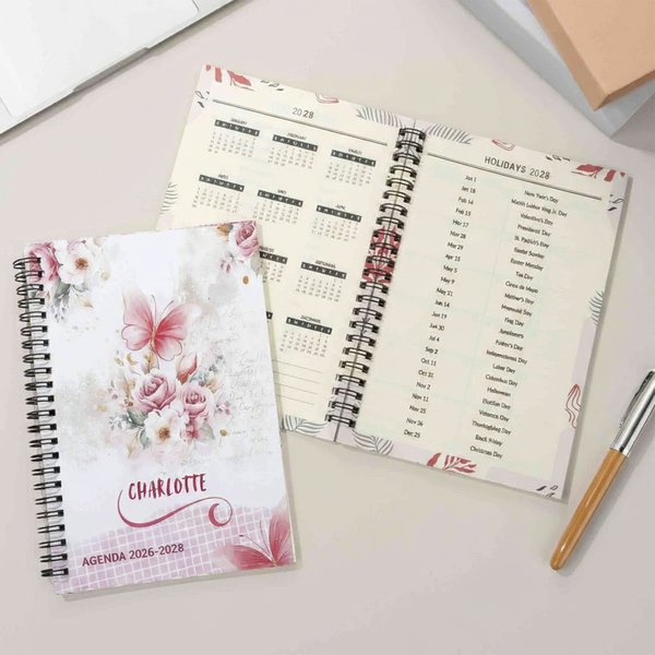 Personalized Butterfly Floral 2026-2028 Spiral Planner Notebook with Name and Weekly Monthly Planner Pages New Year Birthday Gift for Family Friends