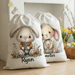 Personalised Floral Easter Bunny Large Capacity Drawstring Canvas Treat Bag with Name Holiday Party Favors Gift for Kids Family