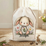 Personalised Floral Easter Bunny Large Capacity Drawstring Canvas Treat Bag with Name Holiday Party Favors Gift for Kids Family