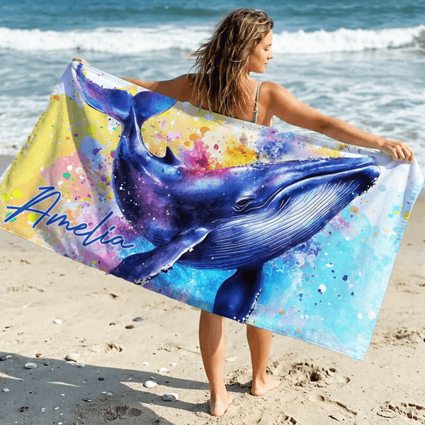 Personalized Watercolor Style Whale Quick Dry Oversized Beach Towel with Name Summer Vacation Travel Gift for Girls Women