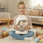 Personalised Floral Easter Bunny Large Capacity Drawstring Canvas Treat Bag with Name Holiday Party Favors Gift for Kids Family