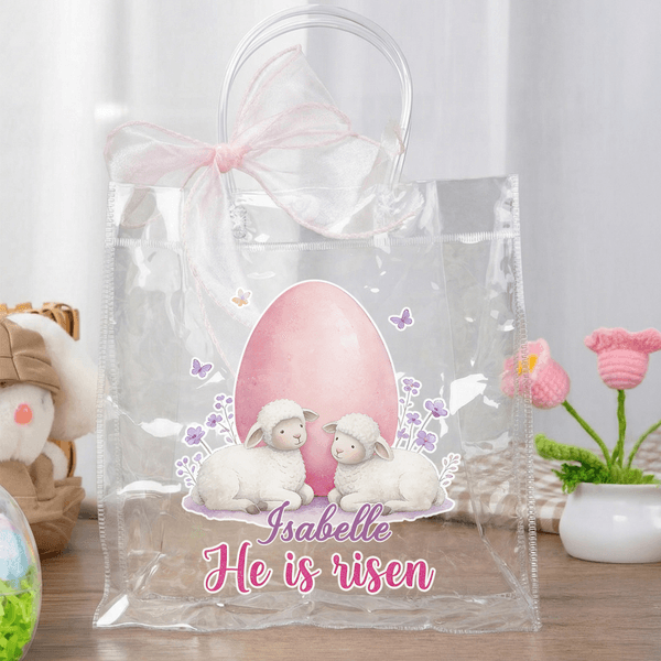 Personalized He Is Risen Bible Verse Cross Sheep Clear Gift Bag with Name Church Religious Easter Gift for Kids Christians