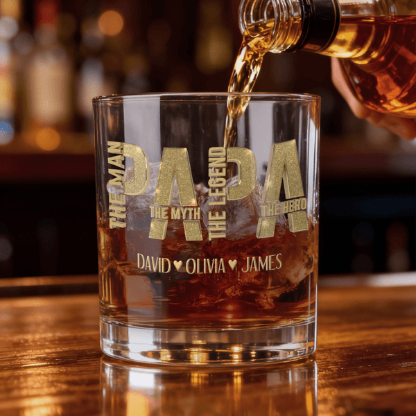 Personalized The Man The Myth The Legend 10 oz Rock Whiskey Glass with 1-6 Names Birthday Father's Day Gift for Man Whiskey Enthusiast