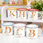 Tasse émaillée 12 oz avec nom et initiales pour le lapin de Pâques Cadeau d'anniversaire personnalisé pour garçons filles