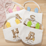 Personalized Cute Rabbit Wooden Effect Initial Easter Basket with Bunny Ears and Name Eggs Hunting Party Easter Gift for Kids