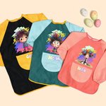 Personalise Cartoon Character Vibrant Paint-Splash Pattern Waterproof Long Sleeve Apron with Name and Pocket Birthday Gift for Kid