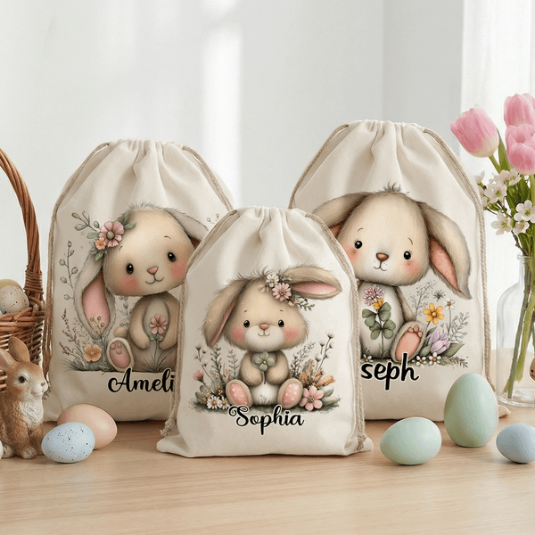 Personalised Floral Easter Bunny Large Capacity Drawstring Canvas Treat Bag with Name Holiday Party Favors Gift for Kids Family
