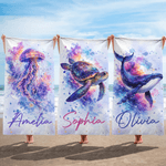 Personlig fersk akvarellstil Ocean Animal Overdimensjonert hurtigtørkende strandhåndkle med navn Reise Essential Beach Party Bursdagsgave til kvinner jenter