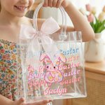Personalized Happy Easter Y2K Bunny Transparent Gift Bag with Name and Pink Bow Ribbon Easter Egg Hunting Easter Party Favors Gift for Kids