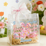 Personalized Happy Easter Y2K Bunny Transparent Gift Bag with Name and Pink Bow Ribbon Easter Egg Hunting Easter Party Favors Gift for Kids