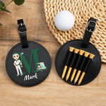 Personalised Cartoon Character Adjustable PU Leather Golf Tee Holder Bag Tag with Name Sports Birthday Gift for Golfers Golf Players