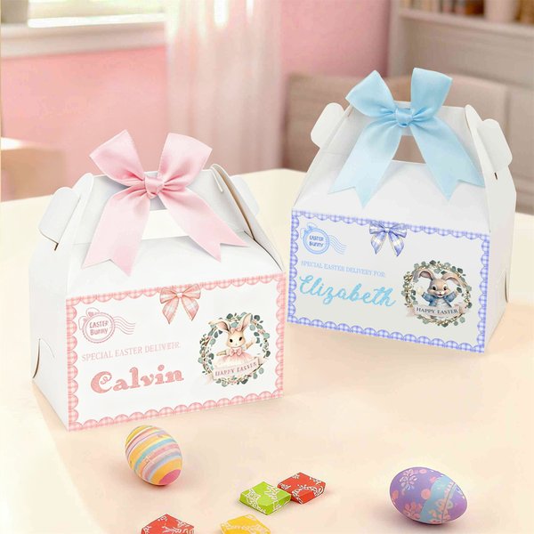 Personalised Cute Happy Easter Bunny Bow Gift Box with Handle and Name Easter Party Gift for Kids