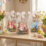 Personalised Cute Peter Rabbit Initial Clear Gift Bag with Name and Pink Bow Ribbon Easter Egg Hunt Party Favors Gift for Kids